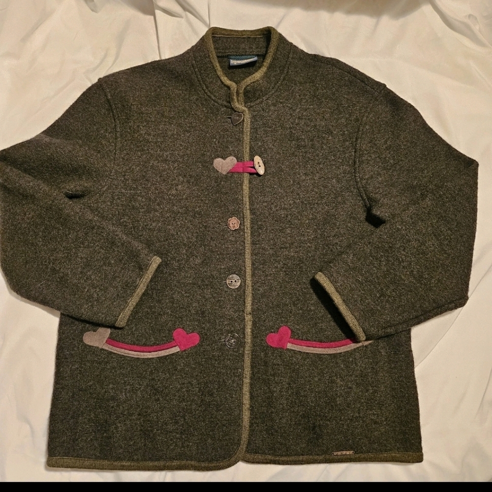 Geiger Wool Jacket Olive Green, Heart embellishments